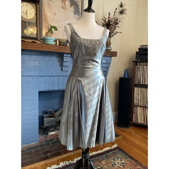 Carmen Marc Valvo Collection 8 Metallic Slate Blue Jacquard Silk Dress Lined - Picture 5 of 16